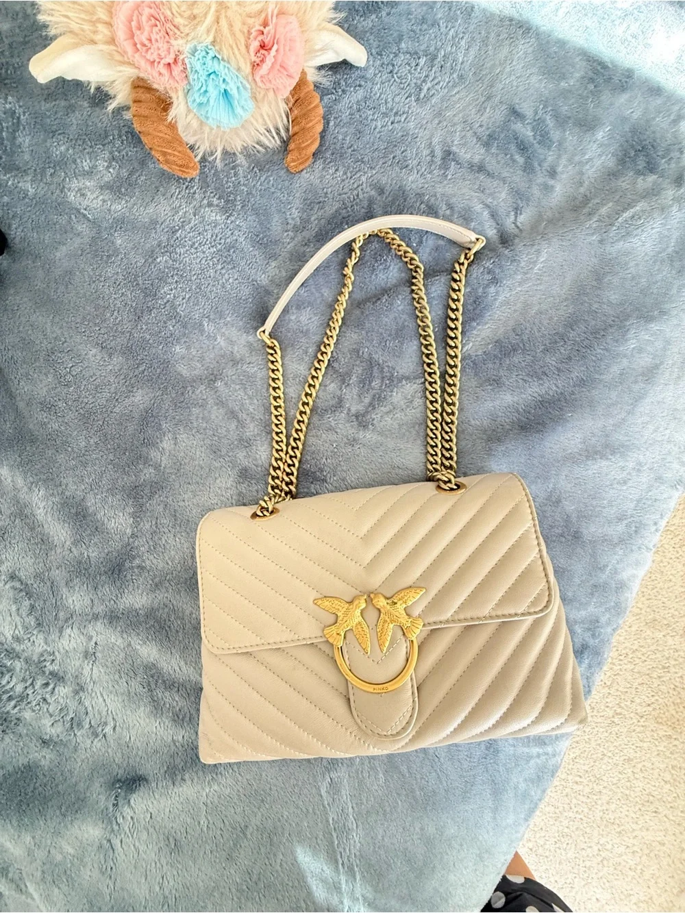 PINKO Love Bag Chevron Greige Leather Gold Chain Shoulder Bag